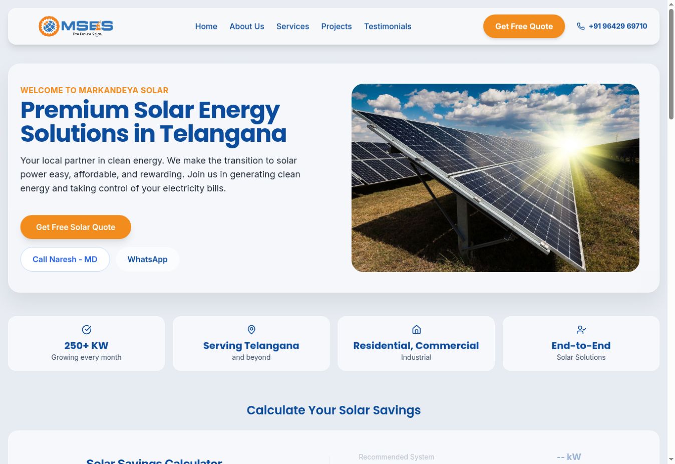 Markandeya Solar homepage screenshot